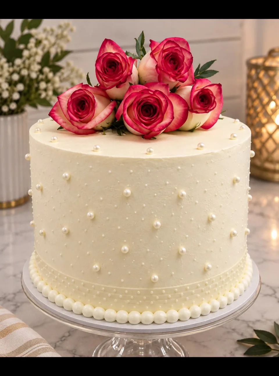 Pastel de boda blanco con perlas de azúcar y rosas rosadas frescas