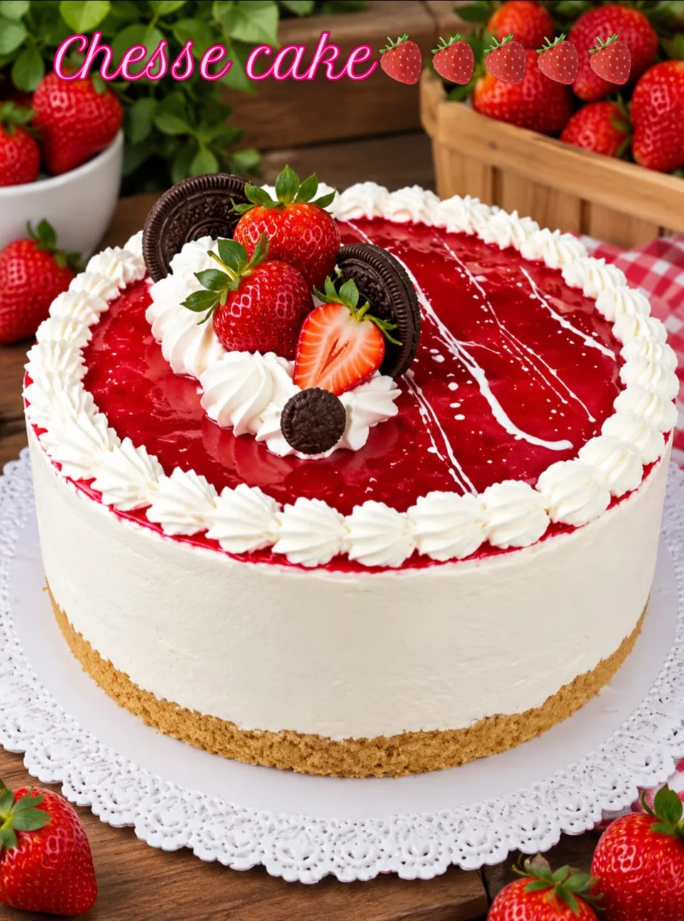 Cheesecake con glaseado de fresa, crema batida, fresas frescas y Oreo